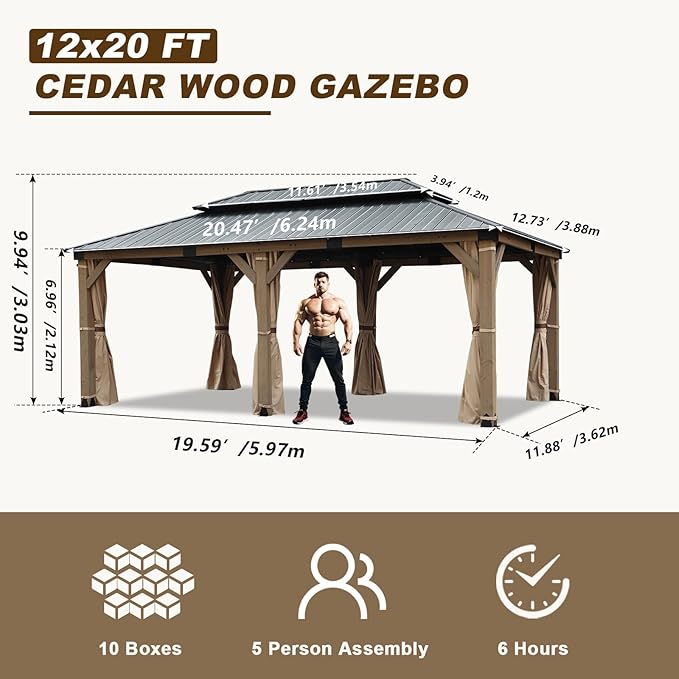 CHARMELEON 12'x20' Cedar Wood Gazebo Hardtop - Wooden Gazebos with Dual Metal Roof - Permanent Outdoor Gazebo - Large All Weather Patio Gazebo for Backyard, Deck & Garden - with Curtains & Netting