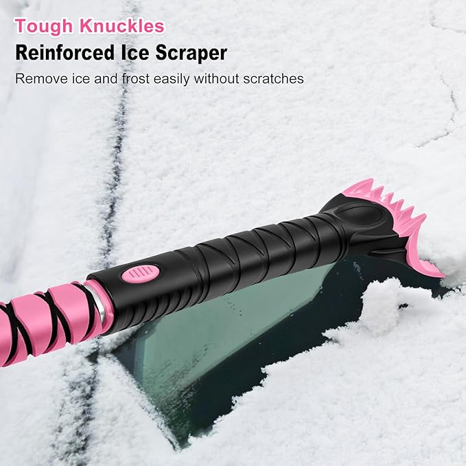 HEEYA 48 Inch Long Snow Brush for SUV, Extendable Ice Scraper and Brush with Foam Grip, 360° Pivoting Snow Car Brush for Truck Auto Jeep RV Vehicle Windshield Window - Pink