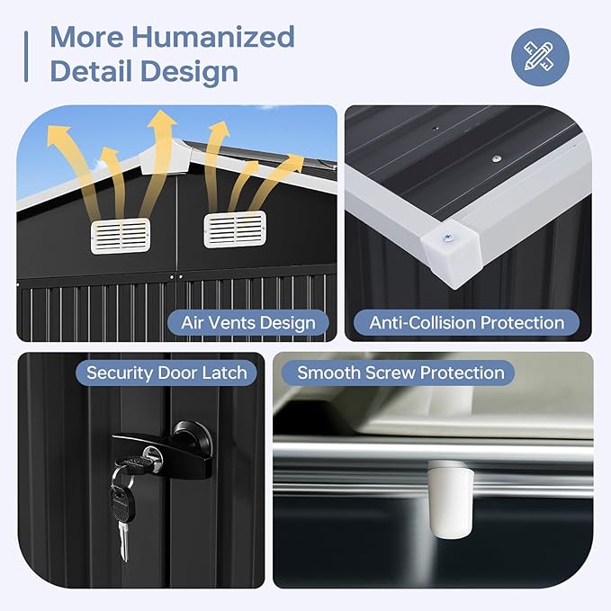 8x10 FT Outdoor Storage Shed, Utility Steel Tool Shed with Lockable Door and Air Vents, Galvanized Metal Shed for Garden Backyard Patio Lawn (8'x10', Black)