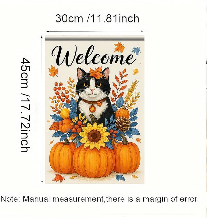 Thanksgiving Fall Garden Flag 12x18 Inch Welcome Cat with Pumpkins Outdoor Flag Double Sided Autumn Kitten Yard Banner with Sunflower Floral Decor for Porch Lawn Patio