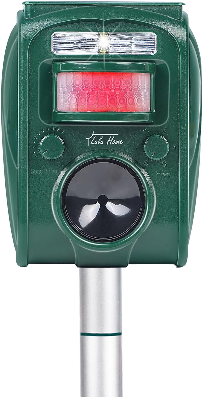 Lulu Home Ultrasonic Animal Repeller, Outdoor Weatherproof Solar Powered Rodent Repeller with Motion Activated Flashing LED Light, Repel Dogs, Cat, Squirrels, Raccoon, Rabbit, Fox & More
