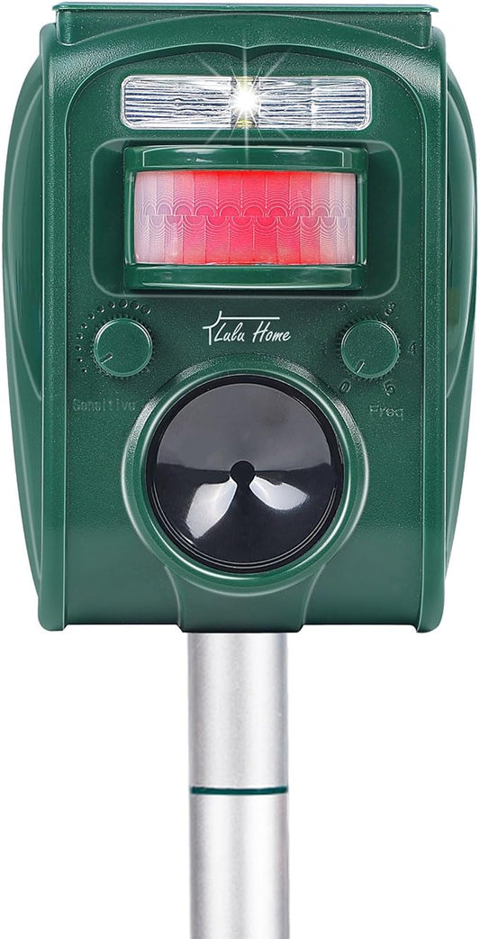 Lulu Home Ultrasonic Animal Repeller, Outdoor Weatherproof Solar Powered Rodent Repeller with Motion Activated Flashing LED Light, Repel Dogs, Cat, Squirrels, Raccoon, Rabbit, Fox & More