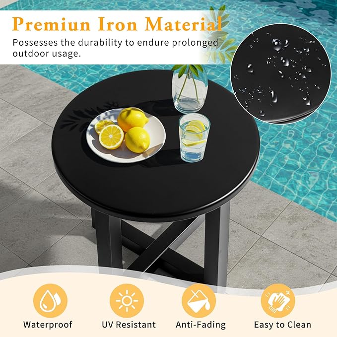 VINGLI Round Outdoor Side Table, Small Metal Outdoor Table Patio End Tables for Balcony, Porch, Garden and Poolside (Black)