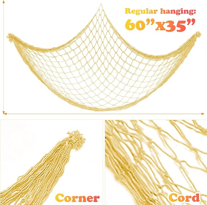 2 Pack Fish Net Decorations for Party,Natural Cotton Hawaiian Party Fishing Net Decorative, Nautical Themed Cotton Fishnet Under The Sea Pirate Ocean Beach Decor