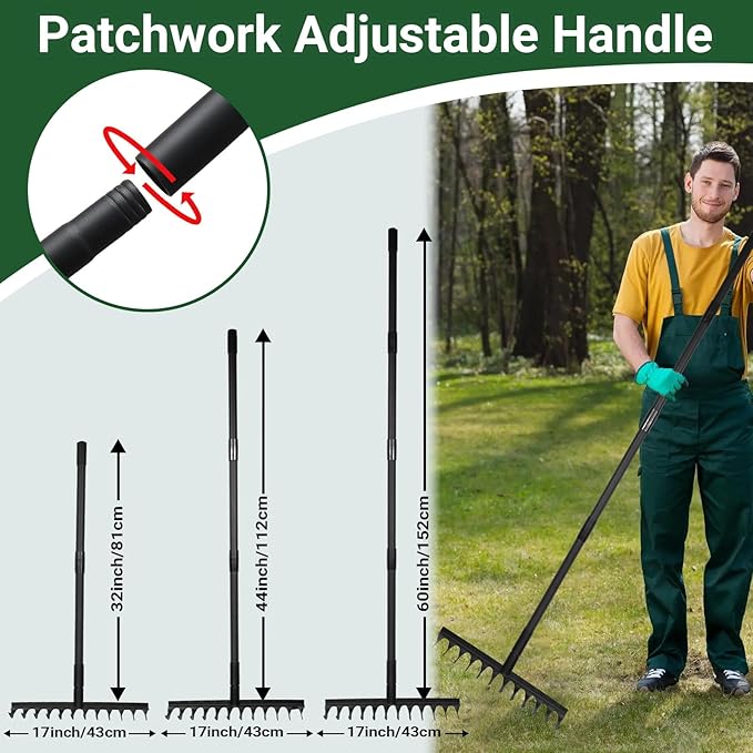 Garden Metal Bow Rake with 60 Inch Long Adjustable Handle,17 Inch Wide Heavy Duty Yard Thatch Rock Rakes for Gardening, Lawn Leveling, Loosening Soil, Gathering Grass, Gravel, Mulch, Leaves