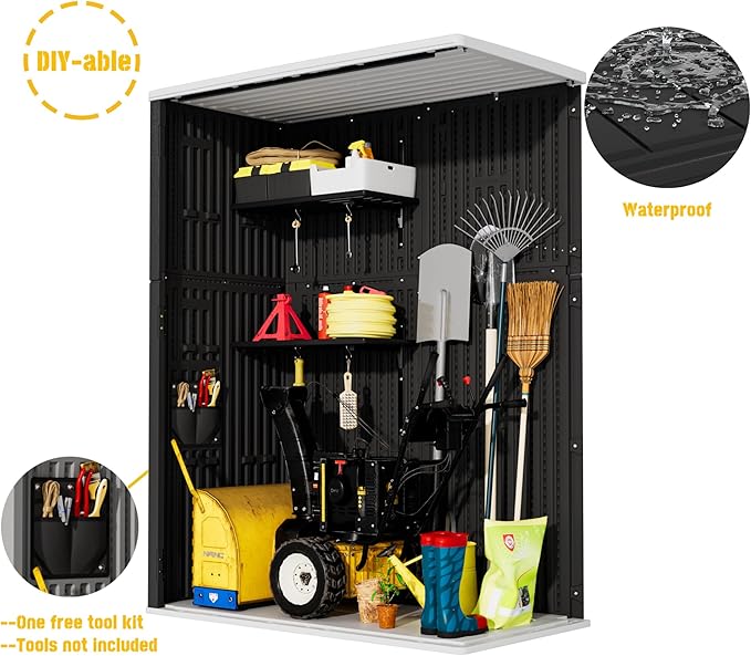 Vertical Outdoor Storage Cabinets, Plastic Sheds&Outdoor Storage with Floor,Outdoor Storage Box Waterproof/Lockable for Garage,Bike,Tools Storage Shed (57Cu.ft-Black White)