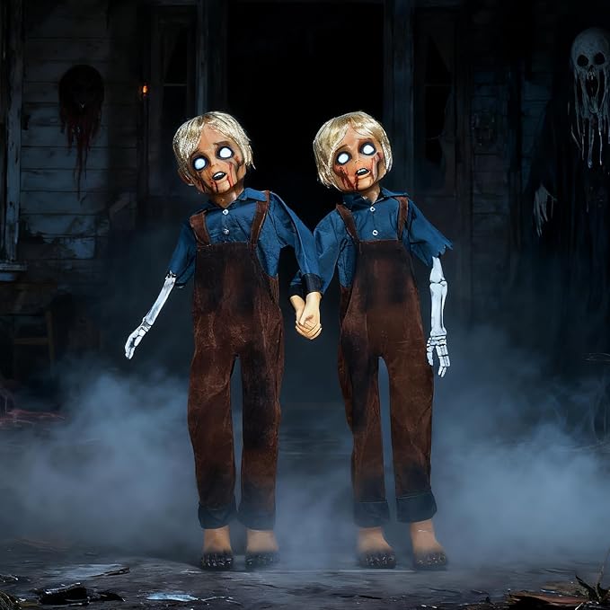 HOYECHI Animatronic Halloween Decorations Twin Boys 4.3ft – Scary Halloween Decorations for Yard, Motion & Sound Activated Outdoor Decor, Footstep & Touch Trigger