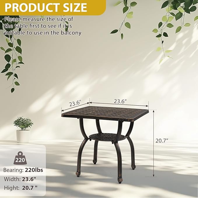 Outvita Patio Side Table, 21.3in Outdoor Square Cast Aluminum Bistro Table and Antique Design for Backyard Porch Pool Balcony Deck White