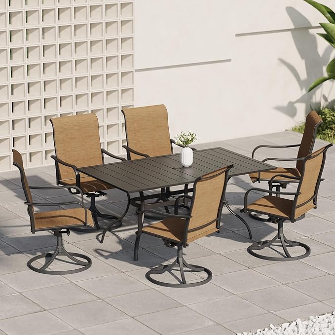 7-Piece Outdoor Dining Set, 6 Swivel Chairs＆63.5‘’ Rectangular Table All Weather Frame Furniture Set - Brown Style2