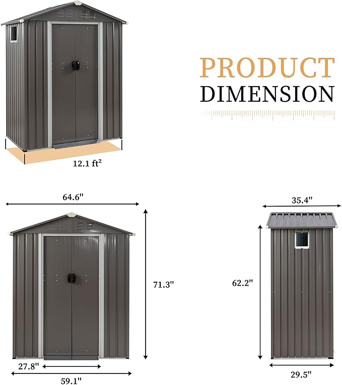 Vongrasig 5 x 3 x 6 FT Outdoor Storage Shed, Metal Tool Shed Clearance Garden Steel Shed with Side Window and Lockable Door Waterproof Tool Shed for Backyard Patio, Lawn (Gray)