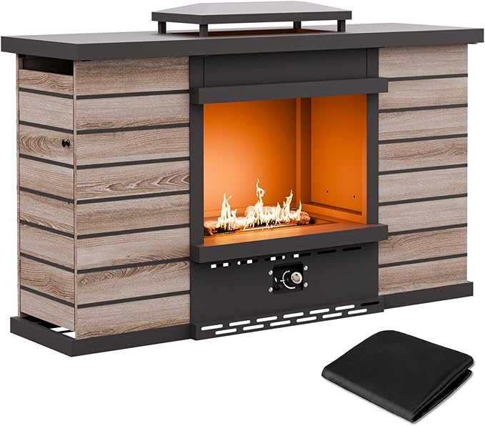 63'' Outdoor Propane Fireplace with Tank Storage & Extra Storage Cabinet, CSA Certified 50,000 BTU Patio Firepit with Dust Cover for Garden, Backyard and Balcony, Gray/Beige