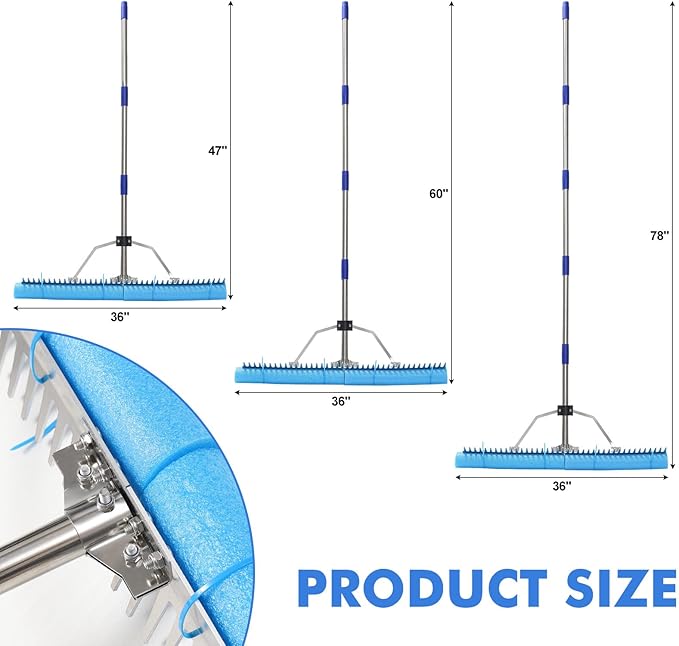 Landscape Rake, 78 Inch Adjustable Lightweight Pond Rake 36" Width Aluminum for Removing Weeds, Leaves, Beautifying Coastlines and Beaches