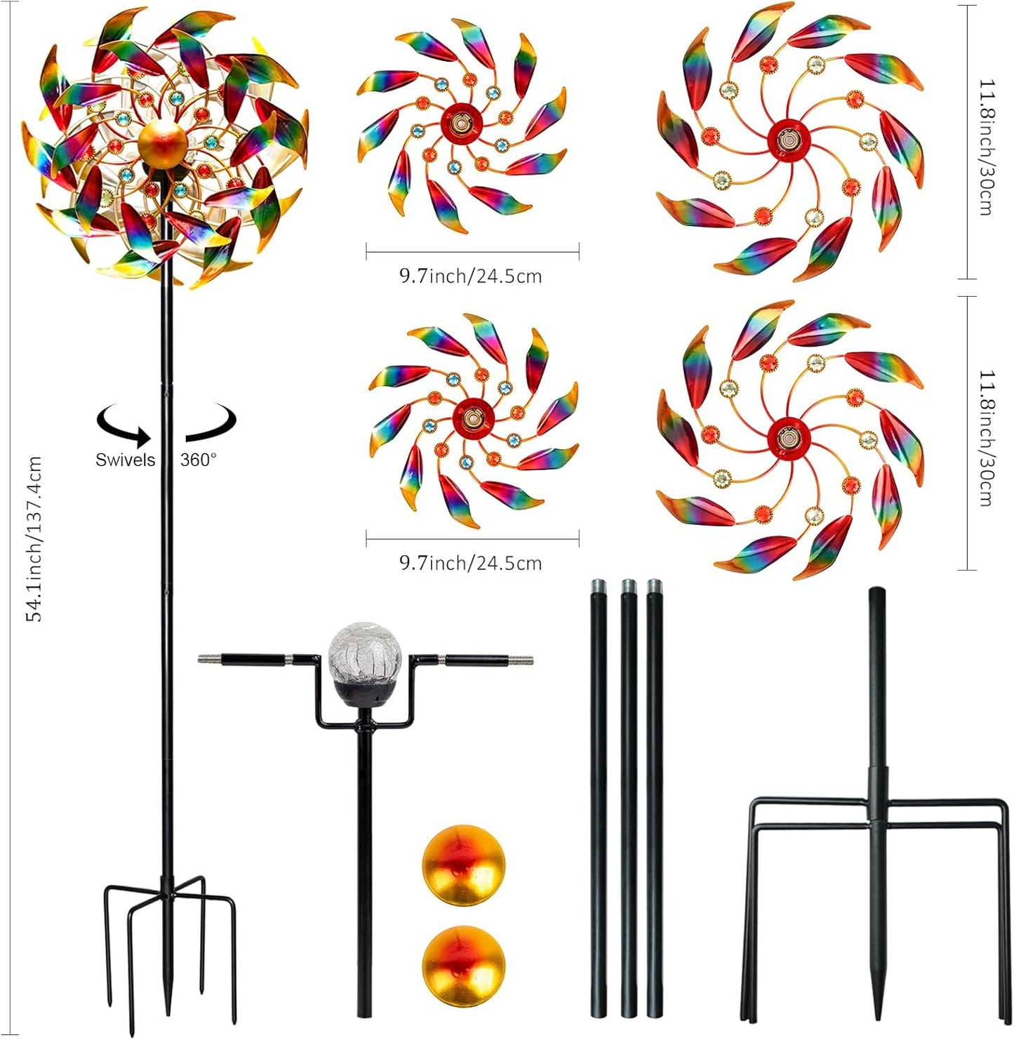 Solar Wind Spinners for Yard and Garden - 360° Metal Large Wind Sculptures Outdoor Clearance Kinetic Windmills with 4 Layer Jeweled Blades for Patio, Lawn Garden Decoration - 54Inch