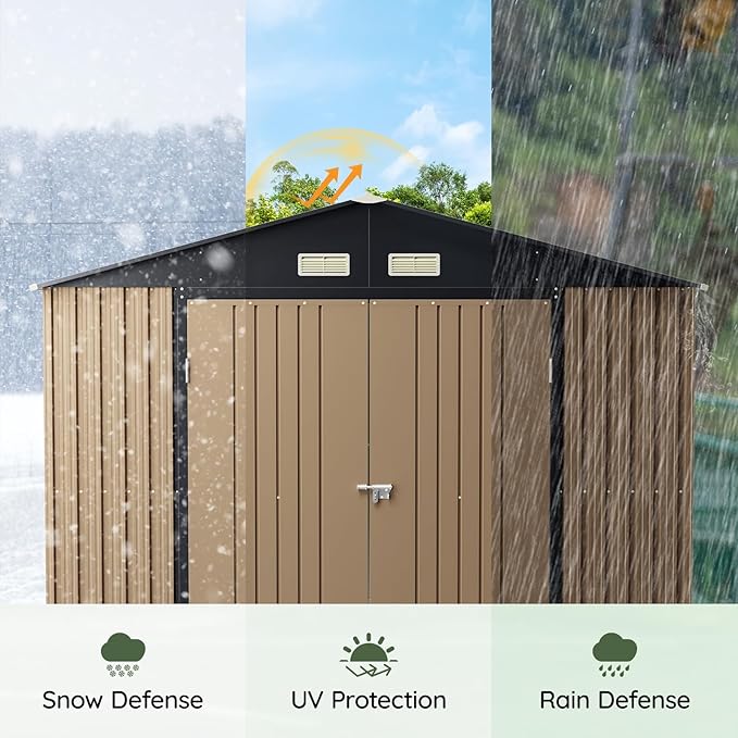 10x10 FT Outdoor Metal Storage Shed with Floor Frame, Double Swing Doors, 2 Clear Windows,Tool Shed for Garden, Patio, Backyard Brown