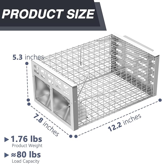 Rat Trap, Humane Live Rat Trap & Automatic Reset Mouse Traps with Dual One-Way Door Design – Catch and Release for Mice, Chipmunks, Hamsters, and Other Rodents, Indoors & Outdoors(Silver)