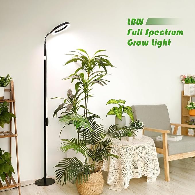 LBW Grow Lights for Indoor Plants with Stand Full Spectrum, Floor Plant Lights for Indoor Growing, 108 LEDs Standing Plant Lamp, 4/8/12H Auto Timer, 6 Brightness, Height Adjustable,7.8 Diameter
