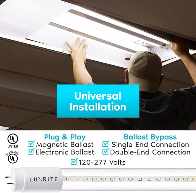 LUXRITE 4FT T8 LED Tube Light, Ballast and Ballast Bypass Compatible, 13W=32W, 3000K Soft White, Clear Cover, Single-End or Double-End Powered, Damp Rated, UL Listed (4 Pack)