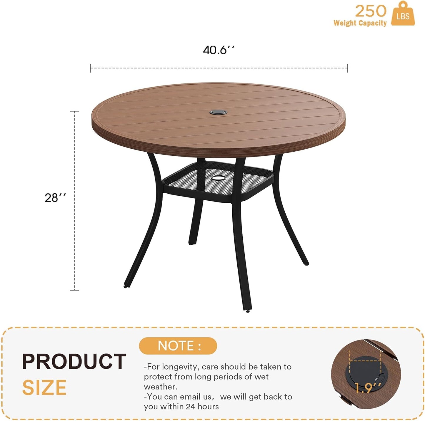 VICLLAX Round Patio Table with Adjustable Umbrella Hole, All Weather Outdoor Round Dining Table for Lawn Garden, 41.2"x 28" Walnut Wood-Like Outdoor Coffee Table