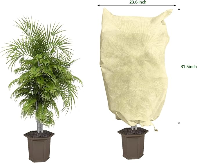 EAONE 12 Pack Plant Covers Freeze Protection, 24x32'' Winter Frosts Cloth for Outdoor Plants, Reusable Frost Blankets Drawstring Bags for Cold Freeze Sun Protection Bird Insect Prevention,Beige