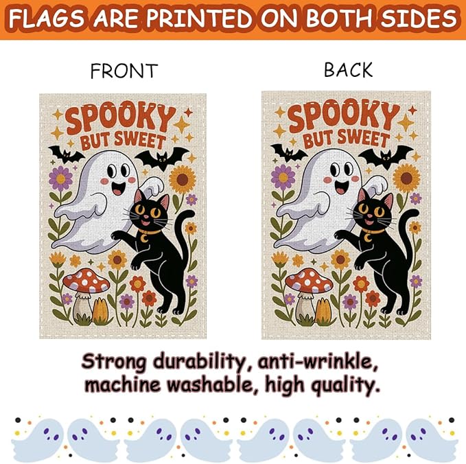 Fokongna Spooky But Sweet Halloween Garden Flags, Cute Ghost Black Cat Halloween Decor Flag, 12x18 Inch Burlap Vertical Double Sided Flags, for Home Yard Outside Decorations