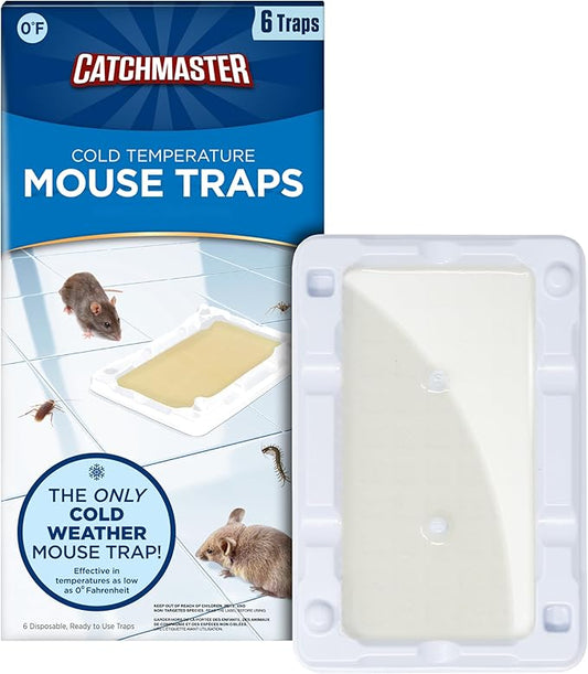 Catchmaster Freeze Resistant Glue Traps 6PK Mouse Traps Indoor for Home, Pest Control Adhesive Tray, Catch Bugs, Crickets, Spiders & Rats, Glue Boards for Cold Weather, House, Shed & Garage