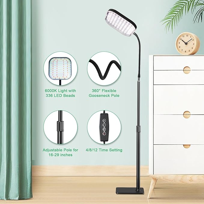 Upgraded Super Bright Grow Lights, 6000K Full Spectrum Standing Floor Plant Light with 336 LEDs & Flexible Gooseneck for Indoor Large Plants, Dimmable & Timer 4/8/12Hrs, 12V 3A High Power Output