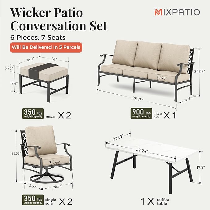 Patio Furniture Set 6 pcs, Outdoor Patio Furniture, 3-Seat Sofa, 2 Swivel Chairs, 2 Ottomans, Coffee Table and 5.75" Extra Thick Cushion, Patio Conversation Set,Beige