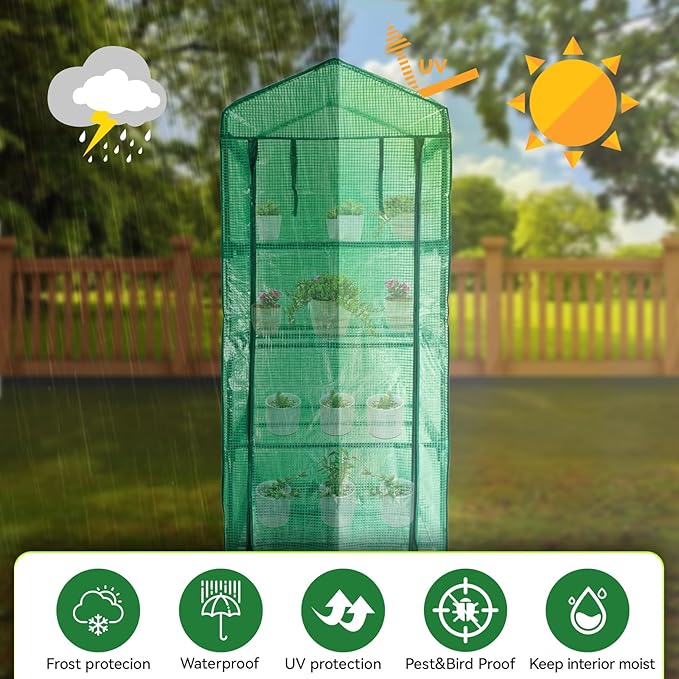 Mini Greenhouse,4 Tier Small Portable Greenhouses Kit with Caster Wheels and Roll-up Zipper PE Cover,Green House for Indoor Outdoor Seedling and Plant Growing 27.6" L x 19.7" W x 65" H,Green