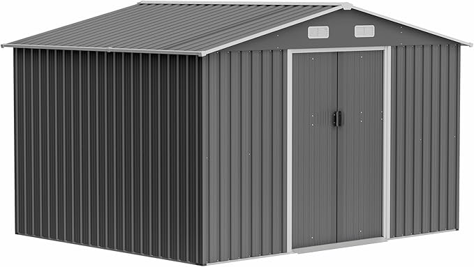10X8 FT Outdoor Storage Shed with Galvanized Steel Construction & Lockable Doors,All Weather Garden Tool House Sheds W/Sliding Doors and Padlock,for Patio,Backyard,Lawn,Gray