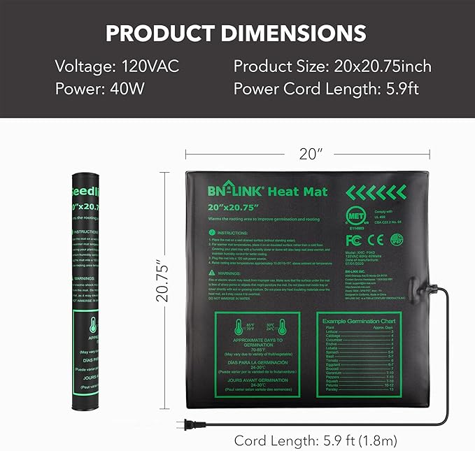 BN-LINK Seedling Heat Mat Warm Hydroponic Heating Pad Waterproof 20" x 20.75" for Seed Starting Greenhouse and Germination, 2 Pack