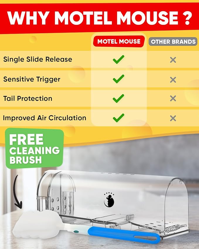 Motel Mouse Humane No Kill Live Catch and Release Mouse Traps, Reusable with Cleaning Brush - 2 Pack