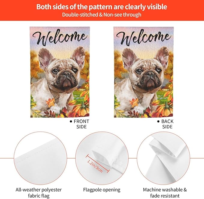 French Bulldog Autumn Pumpkin Fall Dog Garden Flag Welcome Party Outdoor Outside Decorations Picks Home House Garden Yard Decor 12x18 Inch