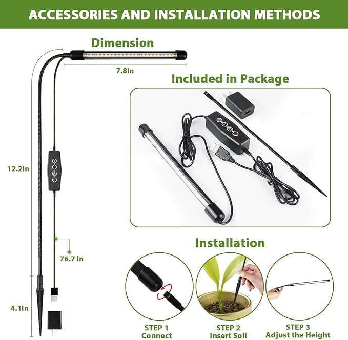 Grow Light 2 Pack, 6000K Full Spectrum Gooseneck Growing Lamp for Indoor Pot Plants Bonsai/Plant/Houseplants, Dimmable & Auto Timer 4 8 12H