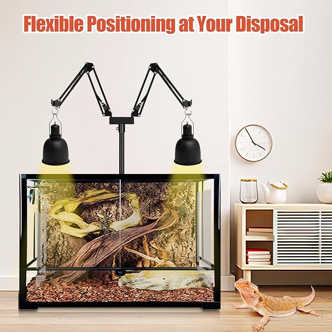 Dual Reptile Lamp Stand - Adjustable Height (15.7in to 74.3in) Metal Light Holder with 2 x 360° Adjustable Arms for Hanging Heat Lamp Fixture Dome Lampshades in Tank and Glass Terrarium