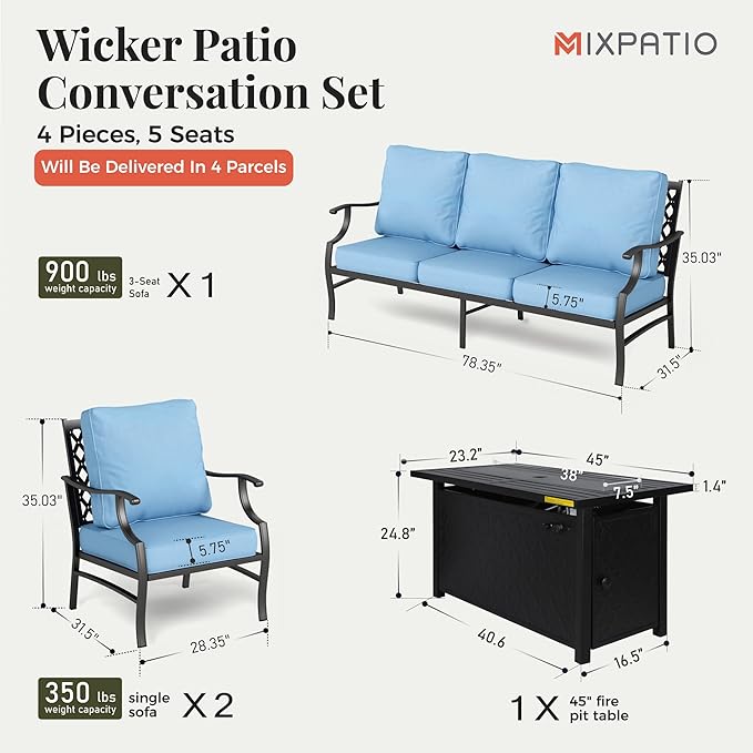 Patio Furniture Set with Firepit Table, 4 Pcs Metal Outdoor Conversation Set, 2 Single Chairs and 3 Seater Sofa with 5.75" Extra Thick Cushion and Gas Fire Pit Table for Backyard Deck, Blue