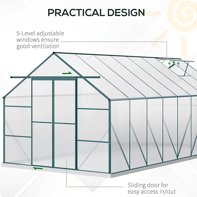Outsunny 16' x 8' Aluminum Greenhouse Polycarbonate Walk-in Garden Greenhouse Kit with Adjustable Roof Vent, Rain Gutter and Sliding Door for Backyard, Patio, Clear