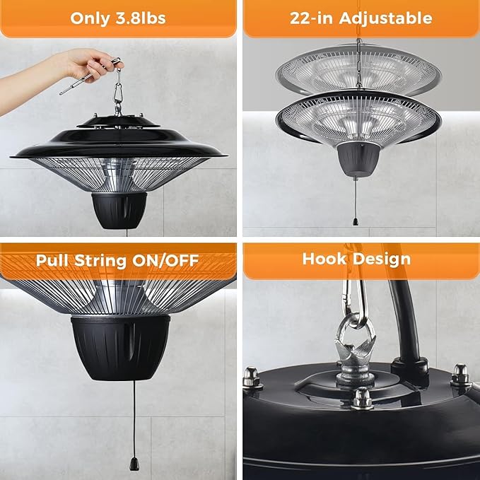 Air Choice Infrared Electric Patio Heater, 1500W Outdoor Heaters for Patio with Overheat Protection, Adjustable Chain Length, Hanging Electric Heating for Home/Ceiling/Garage Use