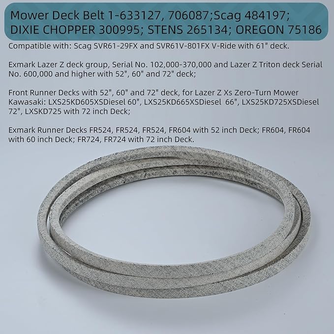 5/8 x 146 Lawn Mower Belt Replace for Exmark 633127 1-633127 Scag 484197 60 inch Deck Belt Kevlar Lawn Mower Belt for Exmark Lazer Z Deck GRP 52" 60" 72" Scag (1-633127)