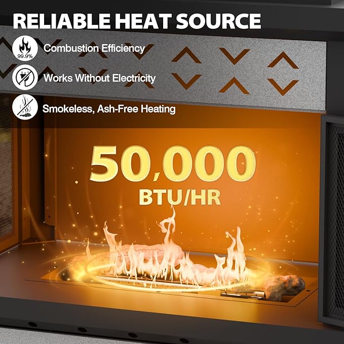 COOS BAY Outdoor Propane Fire Pit 50,000 BTU, Smokelss Gas Fireplace with Locking Mesh Doors and Tank Storage, Adjustable Flame Patio Heater for Deck, Backyard, Black/Gray