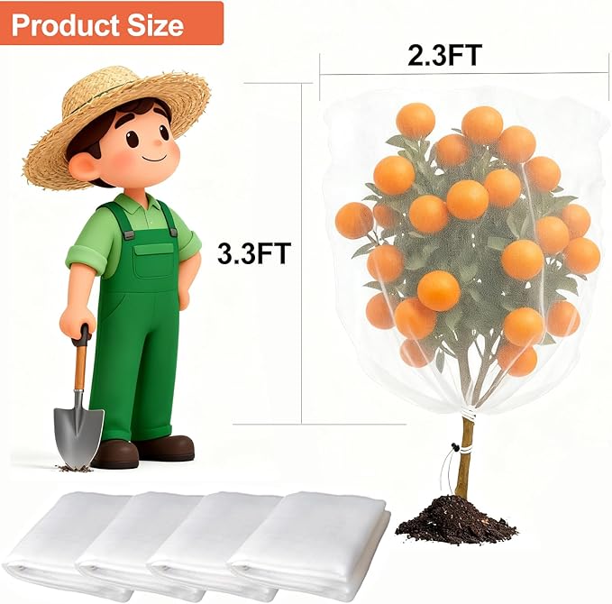 Garden Mesh Netting with Drawstring & Zipper,4PACK 2.3Ft x3.3 FT Mesh Netting Pest Barrier Protection Bird Mosquito Net Plants Cover for Patio Vegetable Plants Fruit Tree