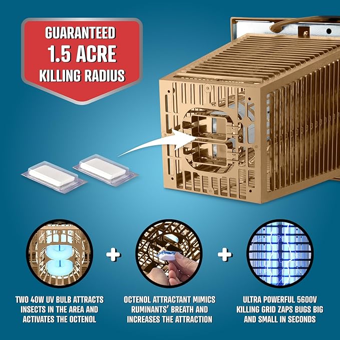 Flowtron Bug Zapper, 1-1/2 Acre of Outdoor Coverage with Powerful 80W Bulb & 5600V Instant Killing Grid, Electric Insect, Fly & Mosquito Zapper, Made in The USA, UL Certified - Tan Color