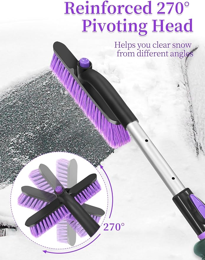 HEEYA Ice Scraper with 12.6 Inch Large Brush Head, Extendable Ice Scraper and Snow Brush for Car Windshield Window, Portable Car Scraper Snow Brush for SUV Truck Automobile Vehicle - Purple
