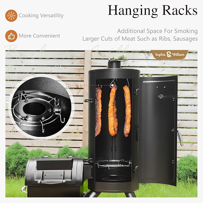 Sophia & William Heavy-Duty Vertical Offset Charcoal Smoker Extra Large Outdoor BBQ Gill with Offset Smoker, 961 SQ.IN. Cooking Area with Warming Tray,Push-out Ash Tray for Event Gathering, Black