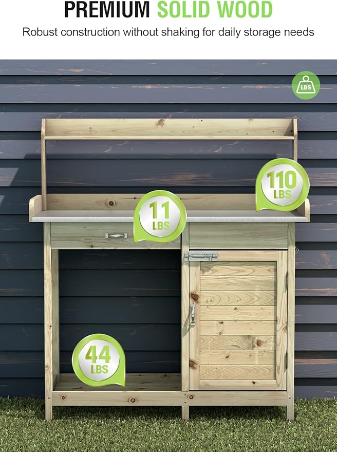 ARNOT Potting Bench,Outdoor Potting Bench Table with Sink and Storage Shelves, Wooden Garden Workstation for Gardening Tools, Planting, and Repotting – Natural Fir Wood (44” x 18” x 49.5”)