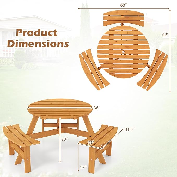 Giantex 6-Person Round Picnic Table Set with 3 Benches, 550 LBS Bench Capacity, 2" Umbrella Hole, Circular Outdoor Wood Dining Table & Chairs for Patio Yard Garden Porch Deck (68”x62”x28”,Yellow)