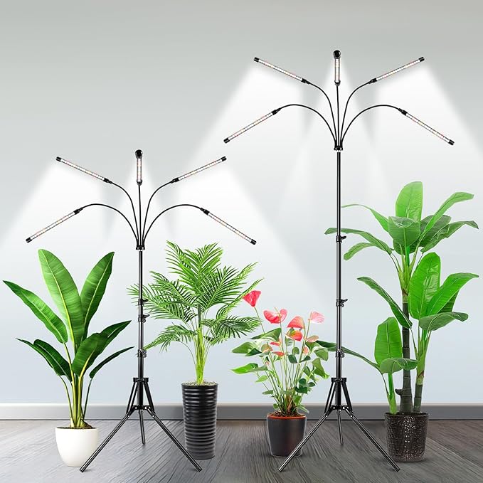 Garpsen Grow Lights for Indoor Plants, [2Pack] 100 LEDs Full Spectrum Plant Light with Timer 6/12/16H, 6000K Grow Lamp with 15~63''Adjustable Stand & Gooseneck, 3 Light Modes, 5 Levels Dimmable