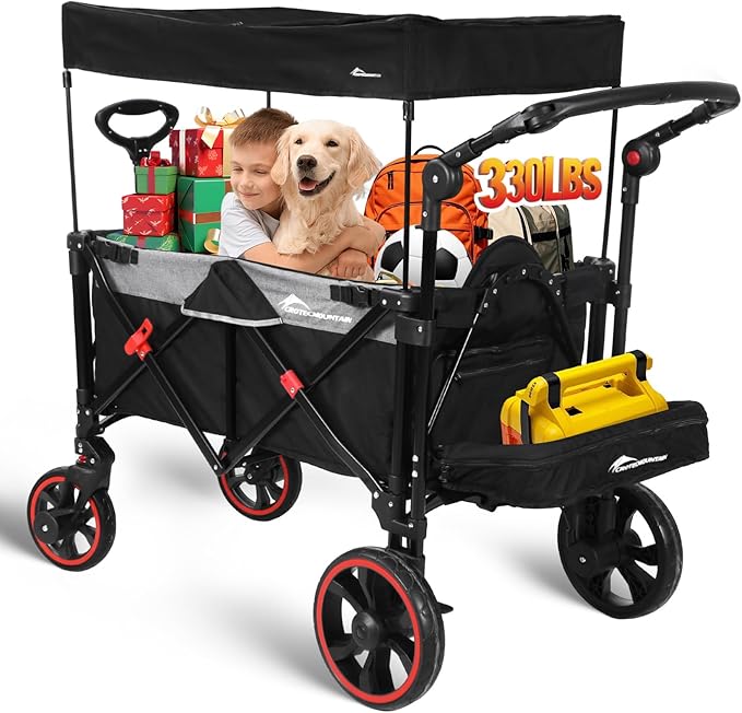 Collapsible Canopy Wagon, Foldable Wagon Stroller with 330LBS, Heavy Duty Cart with Shock-Absorbing Wheels, Adjustable Push Pulling Handles for Camping, Garden, Sports, Shopping, Black