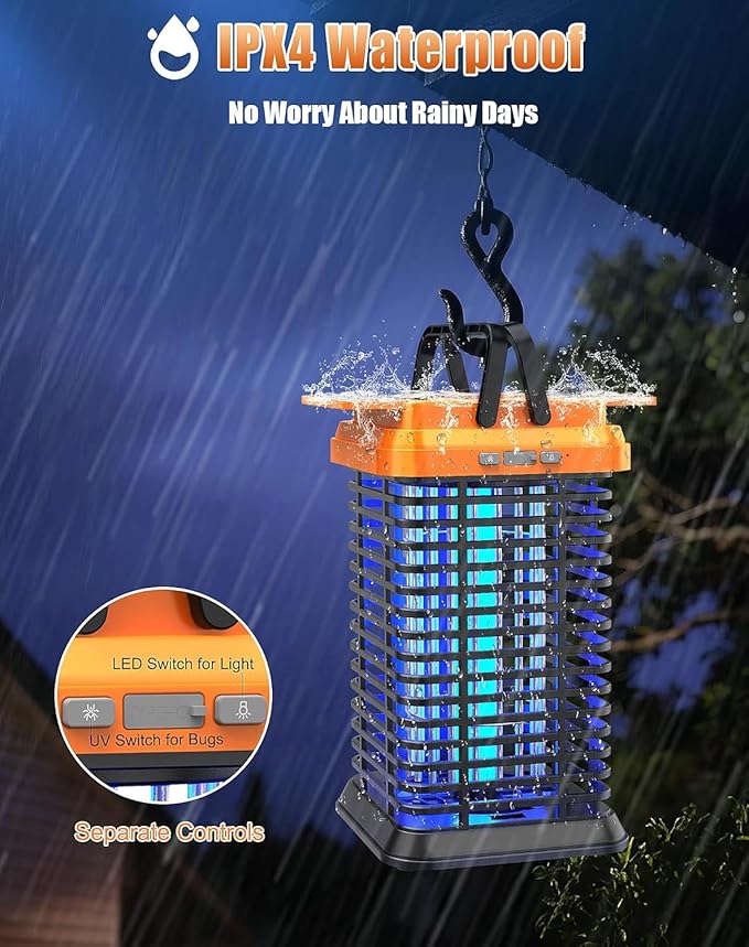 Solar Bug Zapper Outdoor Indoor, Mosquito Zapper with Dual-Mode Reading Lamp, Cordless & Rechargeable Electric Fly Trap, IPX4 Waterproof for Patio, Backyard