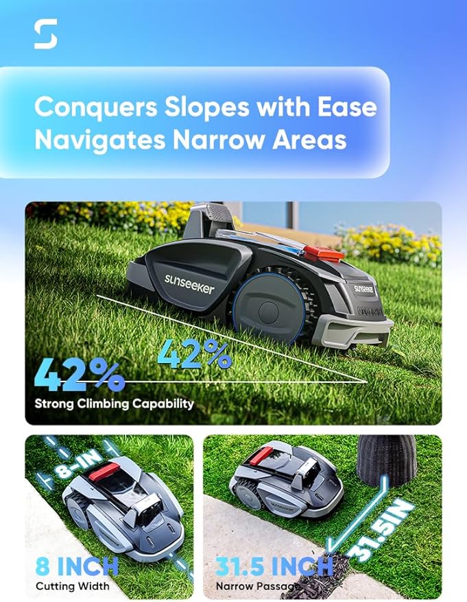 Sunseeker V3 Wireless Robot Lawn Mower 0.15 Acre/ 6,400 Sq. Ft, One-Click Mowing Automatic Lawn Mower, Vision AI Smart Obstacle Avoidance, 42% Slopes, Low Noise, Multi-Zone Navigation, App Control