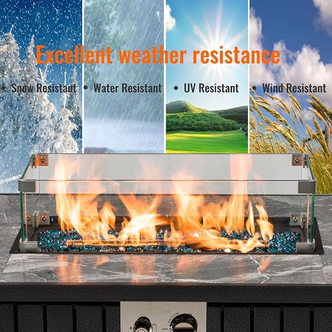 42'' Propane Fire Pit Table, Marble Tile Ceramic Tabletop with Glass Wind Guard, 50,000 BTU Fire Table, Inclined Leg and Art Powder Design, Blue Glass Rocks, Including Lid&Cover